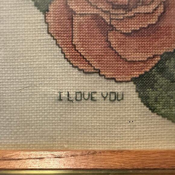 Vintage Cross Stitch Needlespoint 9x11 Rose I love you - Debra 1987 - Picture 2 of 3